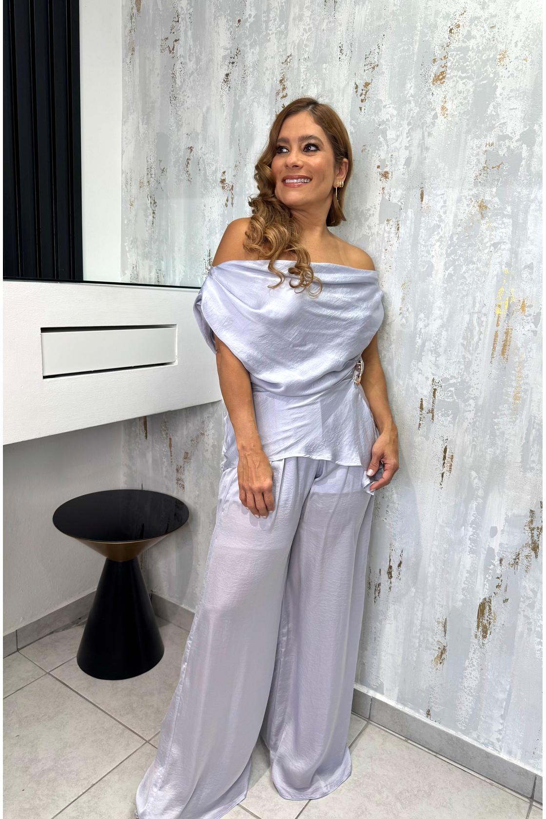 Set Solid Satin Blouse & Pants